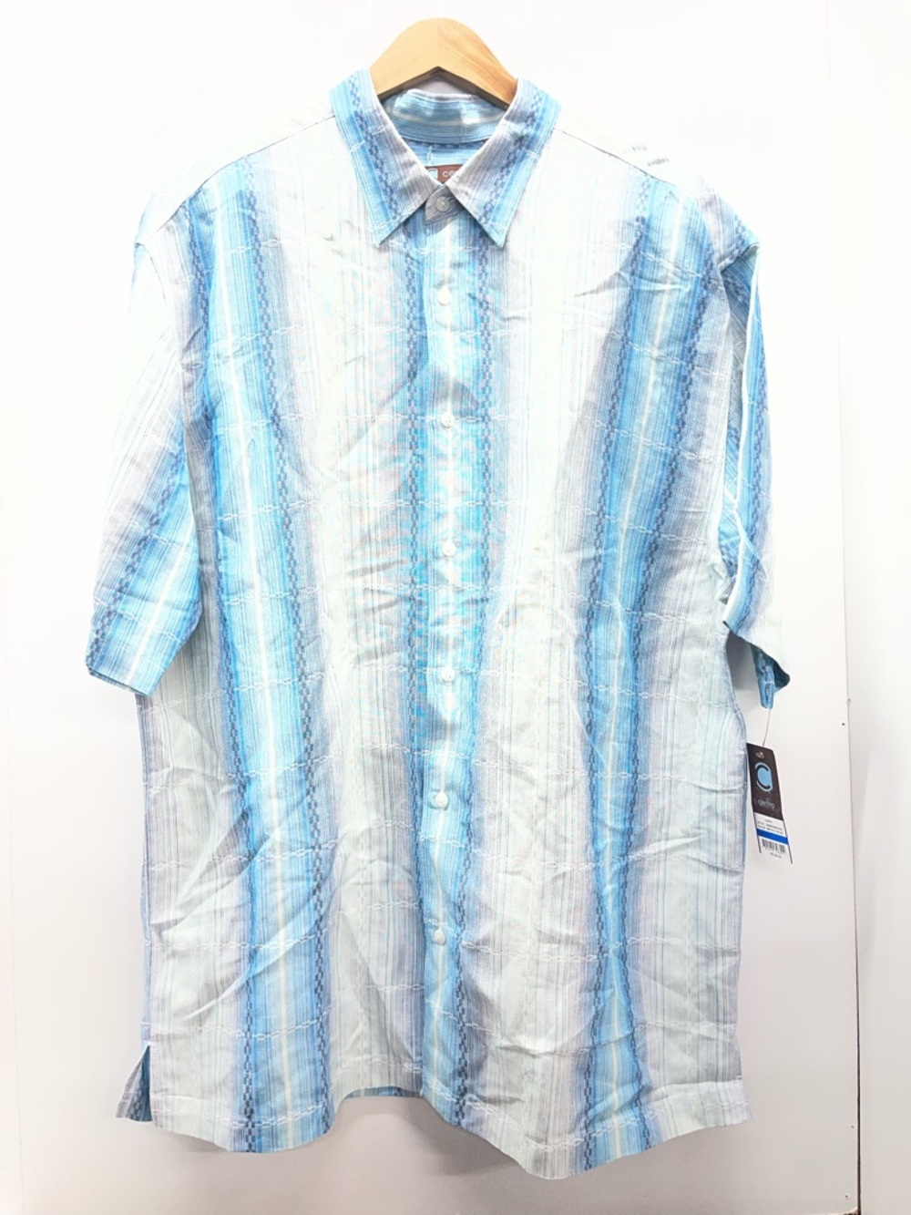 Centro Light Blue & White Vertical Stripe Short Sleeve Button-Down Shirt